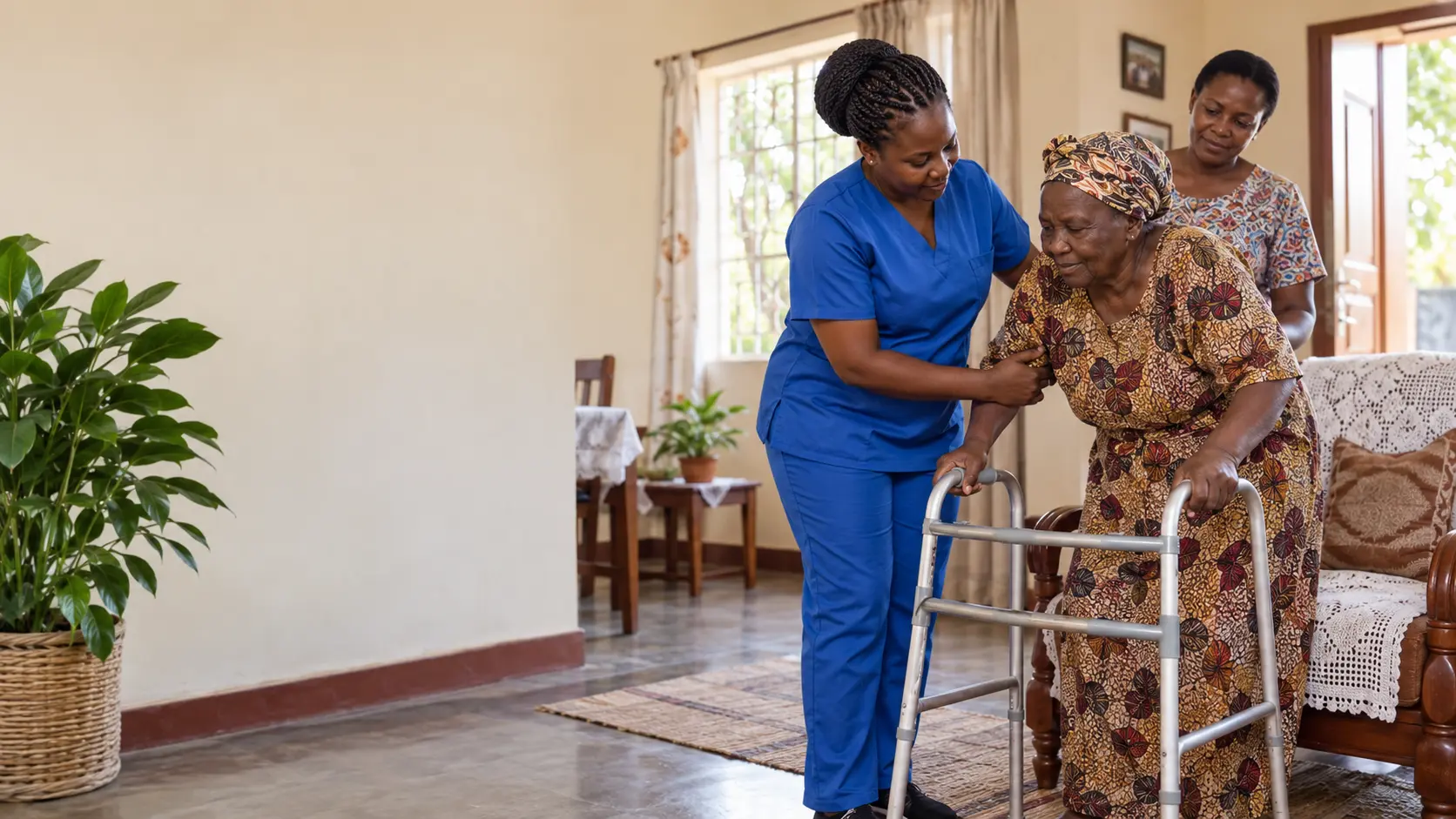 A nurse caring for an elderly patient at home